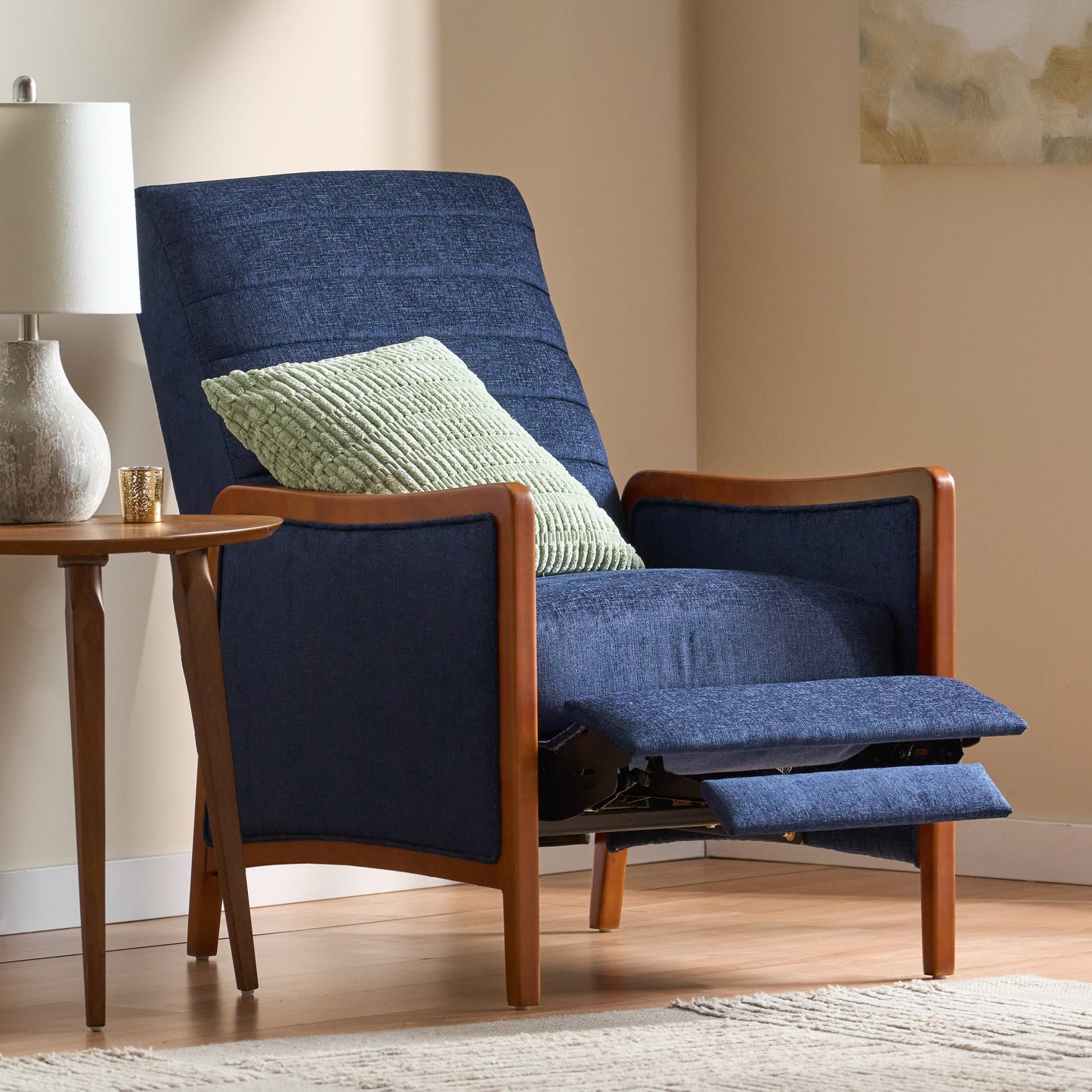 Roomfitters Mid Century Modern Fabric Channel Stitch Wood Pushback Recliner, Elegant Recliner for Living Room