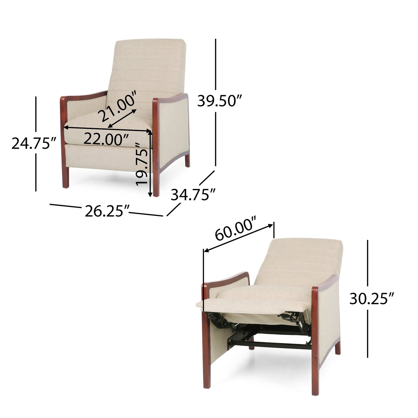 Roomfitters Mid Century Modern Fabric Channel Stitch Wood Pushback Recliner, Elegant Recliner for Living Room