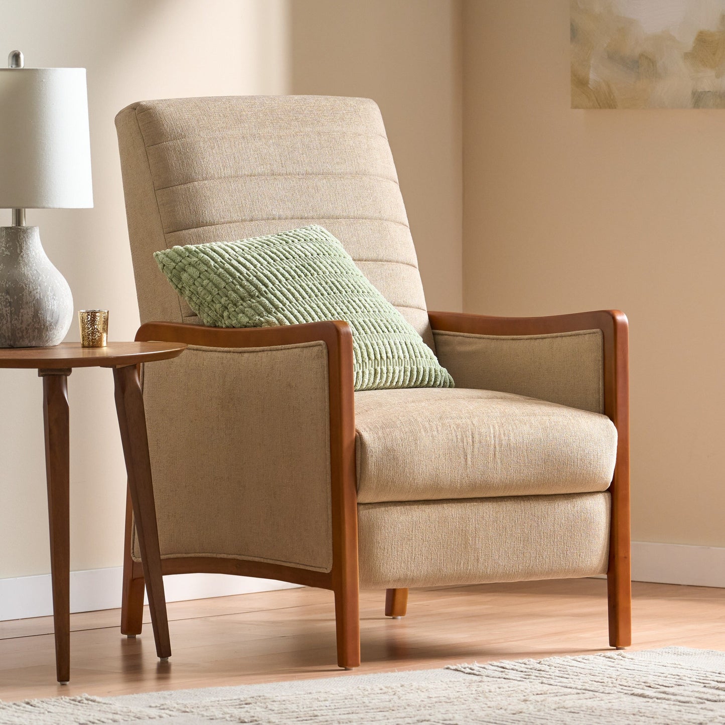 Roomfitters Mid Century Modern Fabric Channel Stitch Wood Pushback Recliner, Elegant Recliner for Living Room