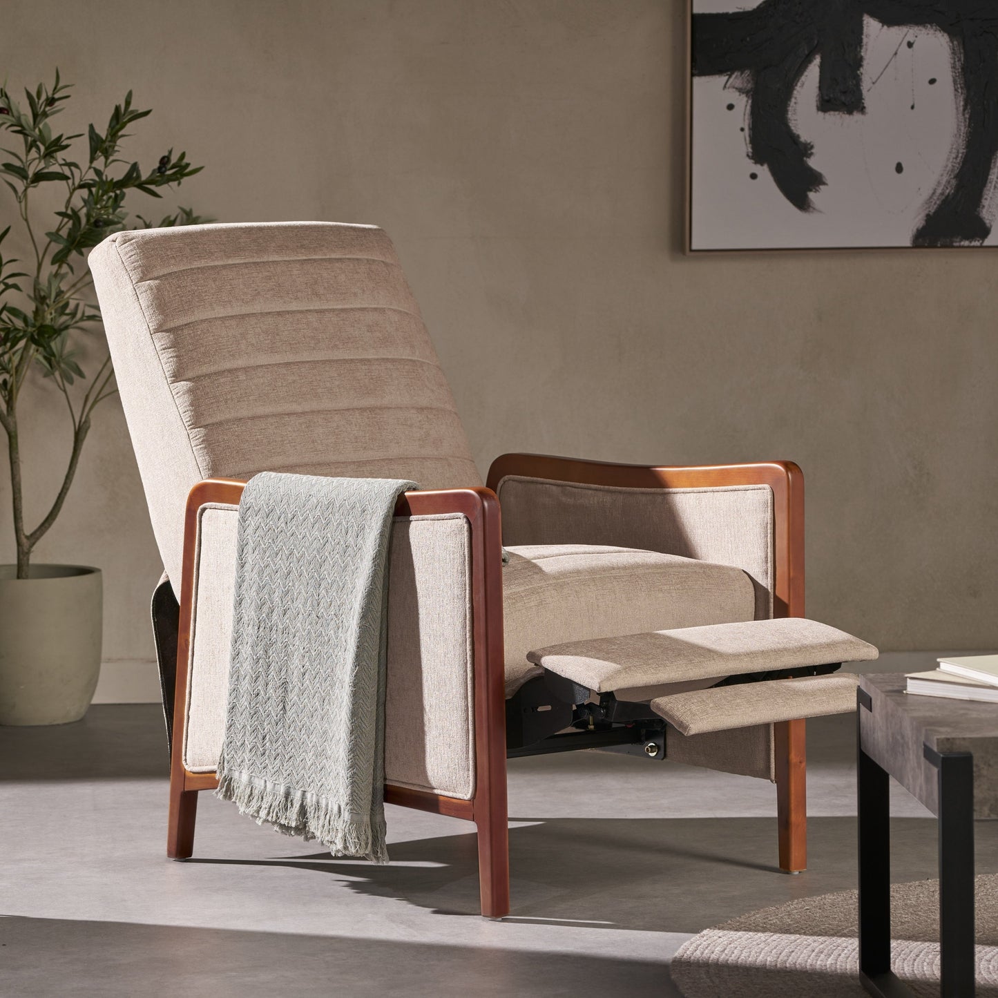 Roomfitters Mid Century Modern Fabric Channel Stitch Wood Pushback Recliner, Elegant Recliner for Living Room
