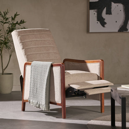 Roomfitters Mid Century Modern Fabric Channel Stitch Wood Pushback Recliner, Elegant Recliner for Living Room
