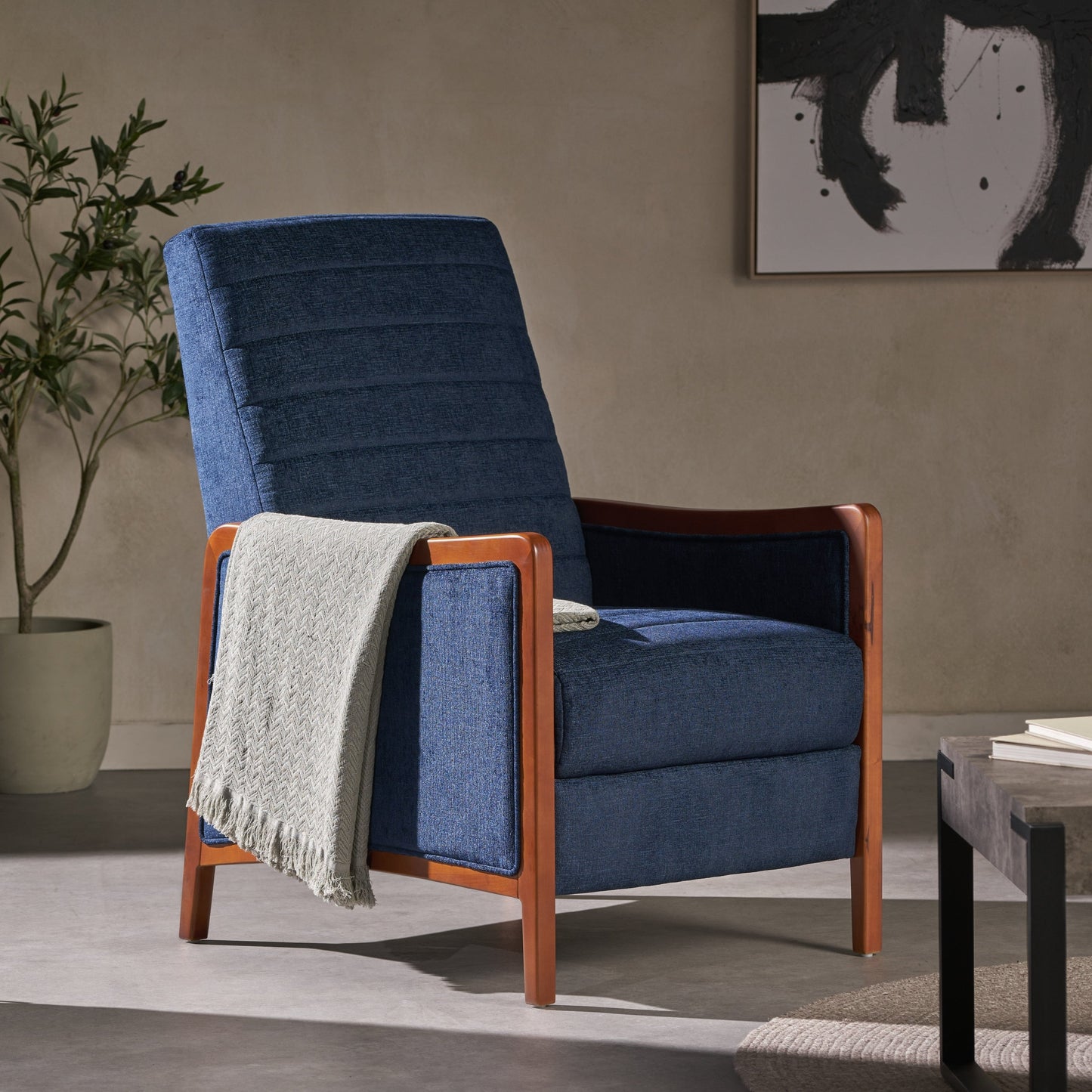 Roomfitters Mid Century Modern Fabric Channel Stitch Wood Pushback Recliner, Elegant Recliner for Living Room