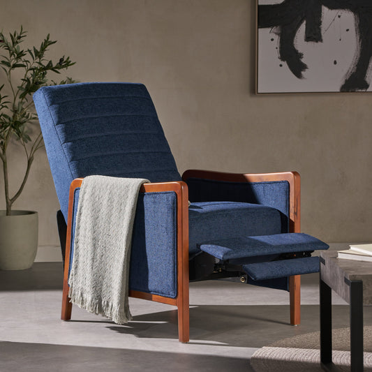 Roomfitters Mid Century Modern Fabric Channel Stitch Wood Pushback Recliner, Elegant Recliner for Living Room