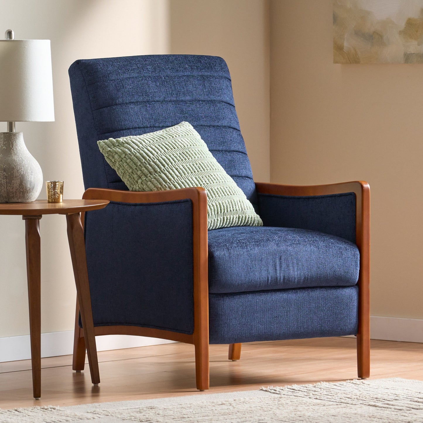 Roomfitters Mid Century Modern Fabric Channel Stitch Wood Pushback Recliner, Elegant Recliner for Living Room