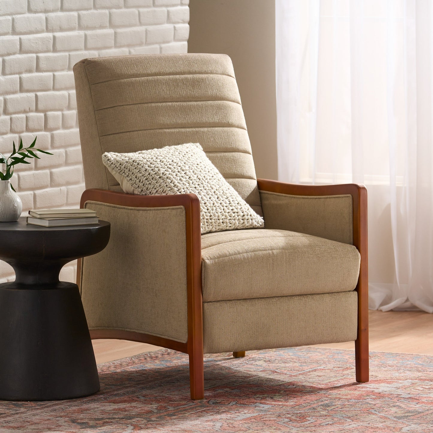 Roomfitters Mid Century Modern Fabric Channel Stitch Wood Pushback Recliner, Elegant Recliner for Living Room