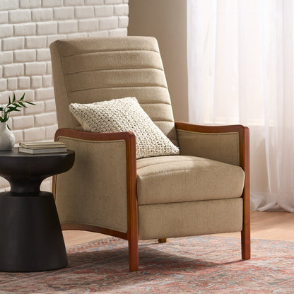 Roomfitters Mid Century Modern Fabric Channel Stitch Wood Pushback Recliner, Elegant Recliner for Living Room