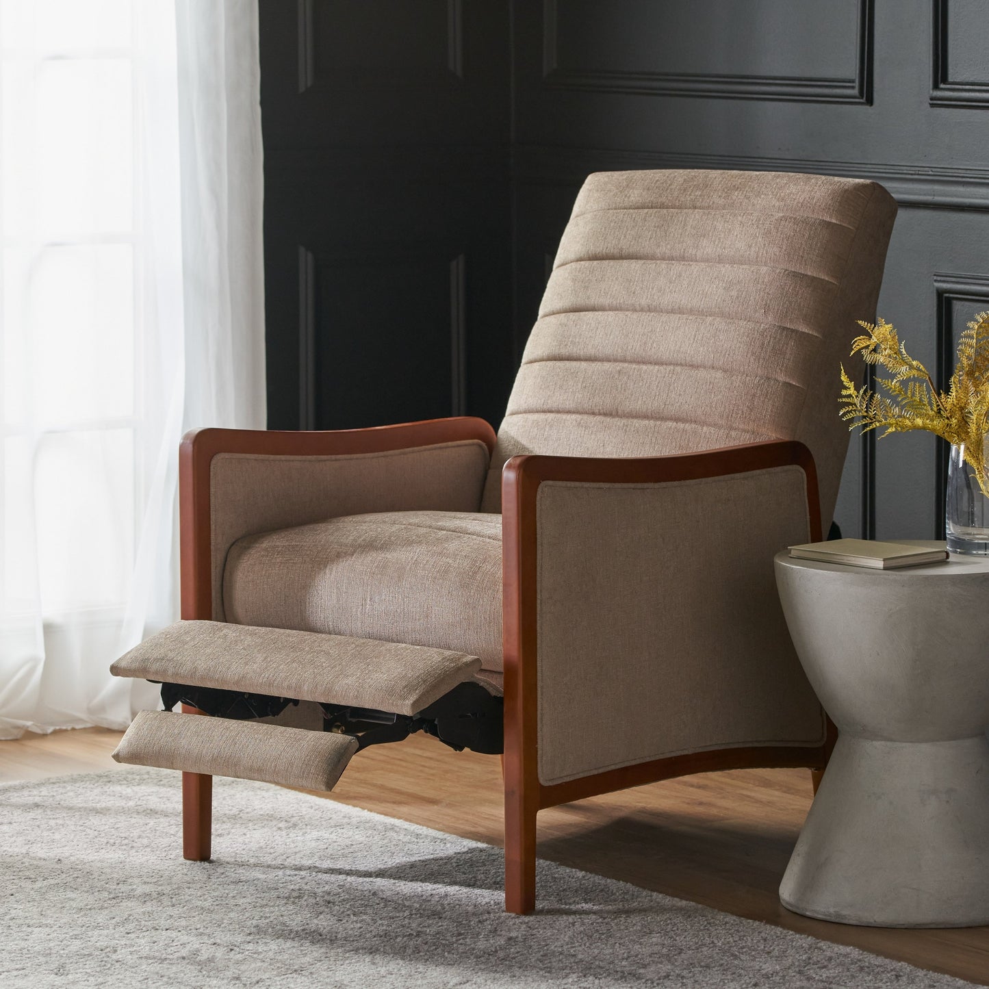Roomfitters Mid Century Modern Fabric Channel Stitch Wood Pushback Recliner, Elegant Recliner for Living Room