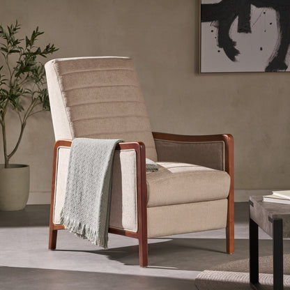 Roomfitters Mid Century Modern Fabric Channel Stitch Wood Pushback Recliner, Elegant Recliner for Living Room