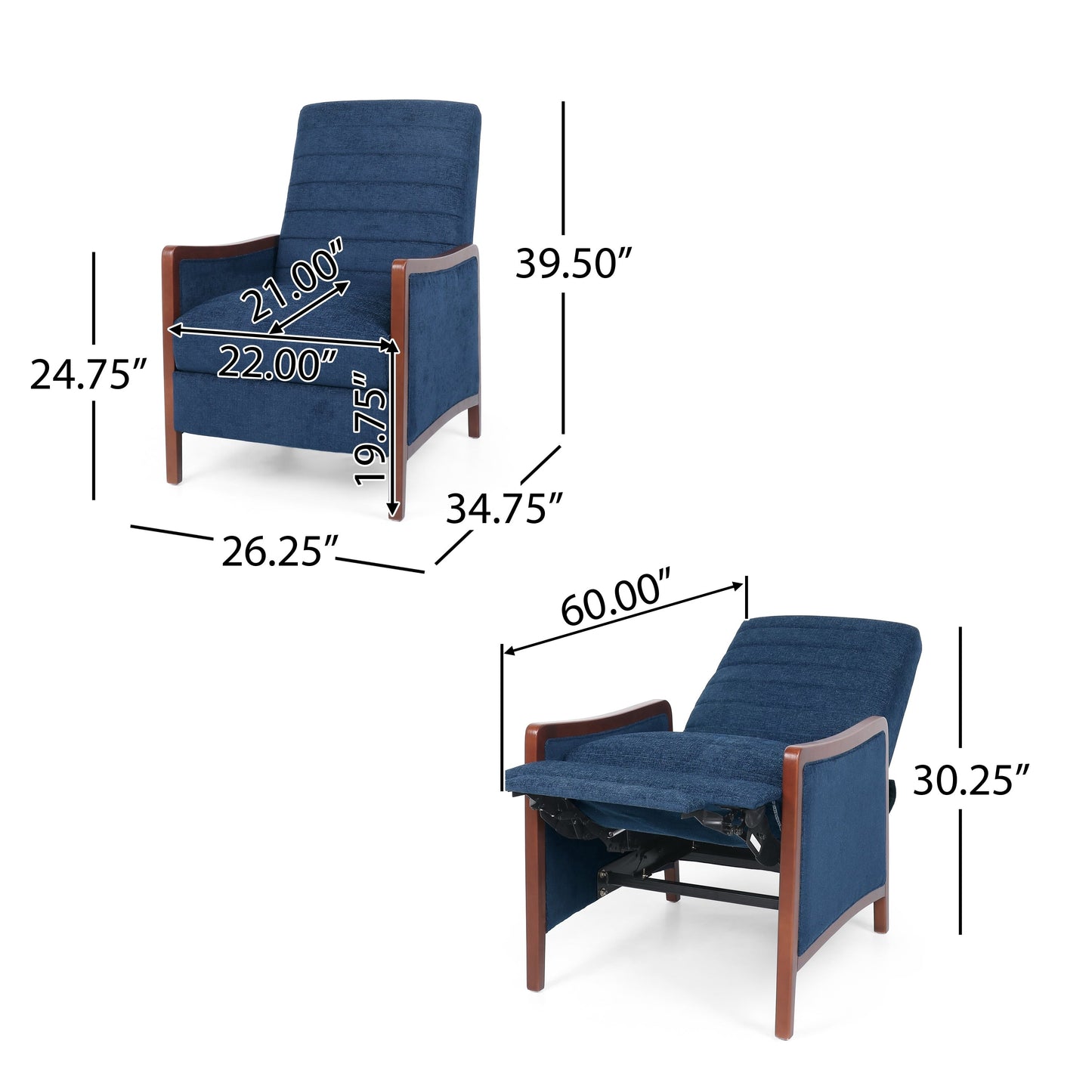 Roomfitters Mid Century Modern Fabric Channel Stitch Wood Pushback Recliner, Elegant Recliner for Living Room
