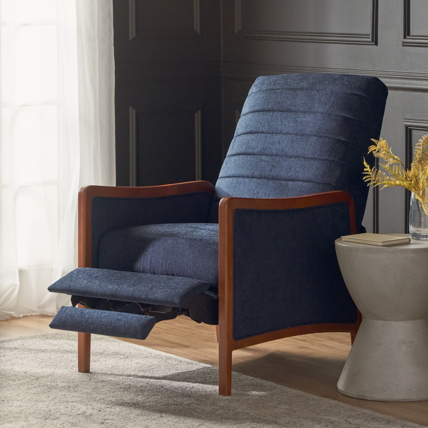 Roomfitters Mid Century Modern Fabric Channel Stitch Wood Pushback Recliner, Elegant Recliner for Living Room