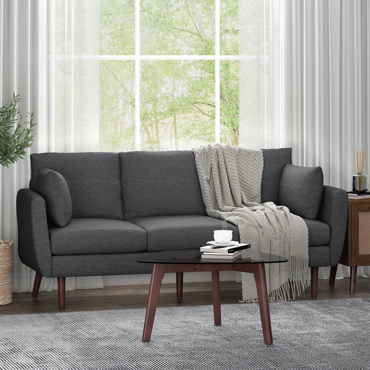 Roomfitters Modern 3-Seater Sofa with Sleek Upholstered Cushions and Tapered Wood Legs for Living Room