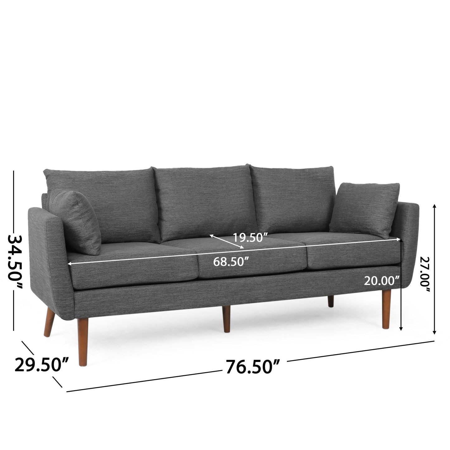 Roomfitters Modern 3-Seater Sofa with Sleek Upholstered Cushions and Tapered Wood Legs for Living Room