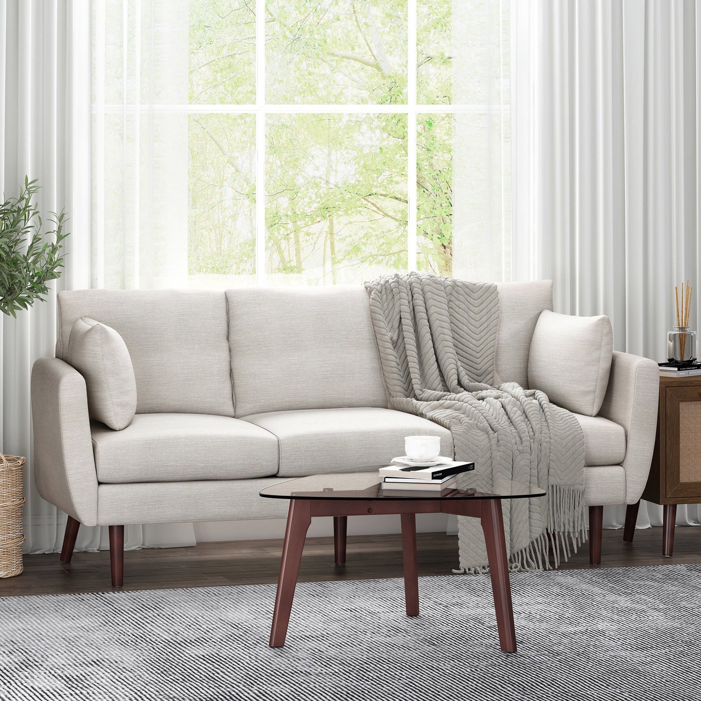 Roomfitters Modern 3-Seater Sofa with Sleek Upholstered Cushions and Tapered Wood Legs for Living Room
