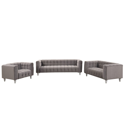 Roomfitters Modern 3-piece sofa set with solid wood legs, buttoned tufted backrest, Dutch fleece upholstered sofa set