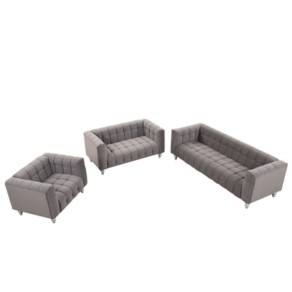 Roomfitters Modern 3-piece sofa set with solid wood legs, buttoned tufted backrest, Dutch fleece upholstered sofa set
