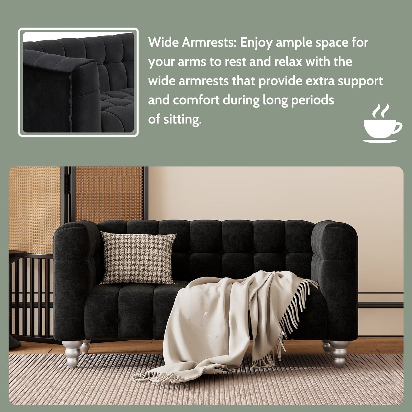 Roomfitters Modern 3-piece sofa set with solid wood legs, buttoned tufted backrest, Dutch fleece upholstered sofa set