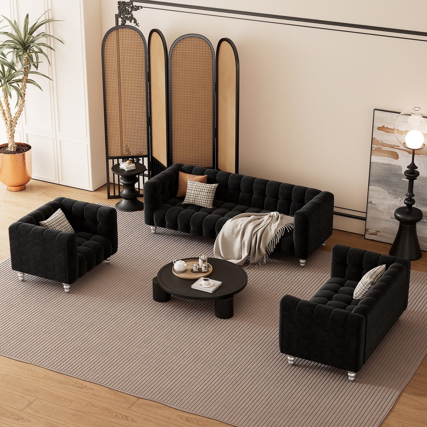 Roomfitters Modern 3-piece sofa set with solid wood legs, buttoned tufted backrest, Dutch fleece upholstered sofa set