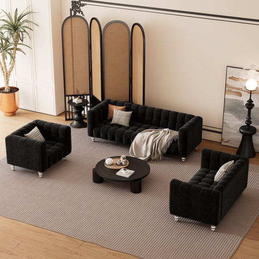 Roomfitters Modern 3-piece sofa set with solid wood legs, buttoned tufted backrest, Dutch fleece upholstered sofa set
