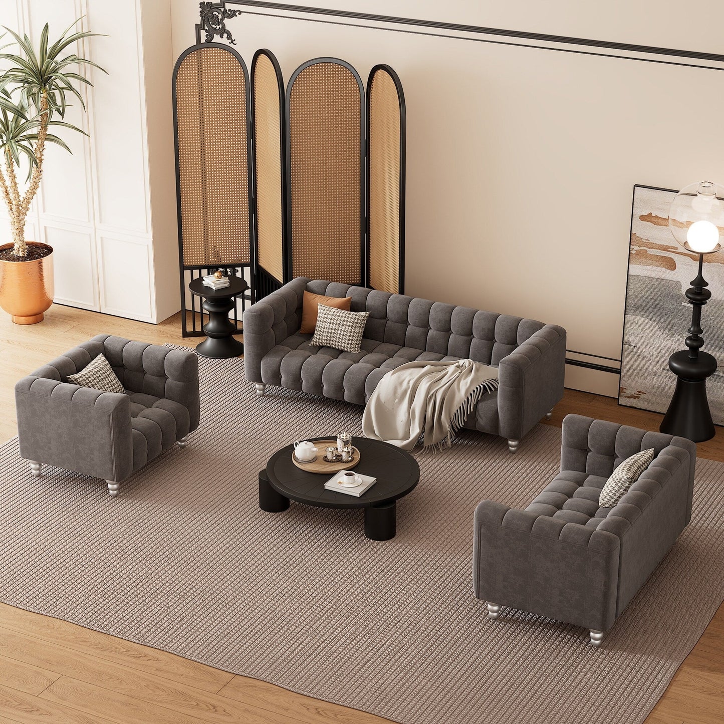 Roomfitters Modern 3-piece sofa set with solid wood legs, buttoned tufted backrest, Dutch fleece upholstered sofa set