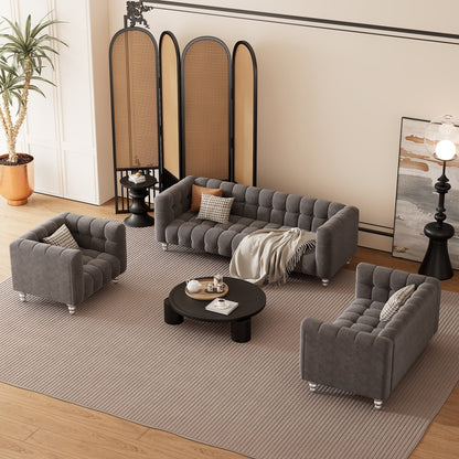 Roomfitters Modern 3-piece sofa set with solid wood legs, buttoned tufted backrest, Dutch fleece upholstered sofa set