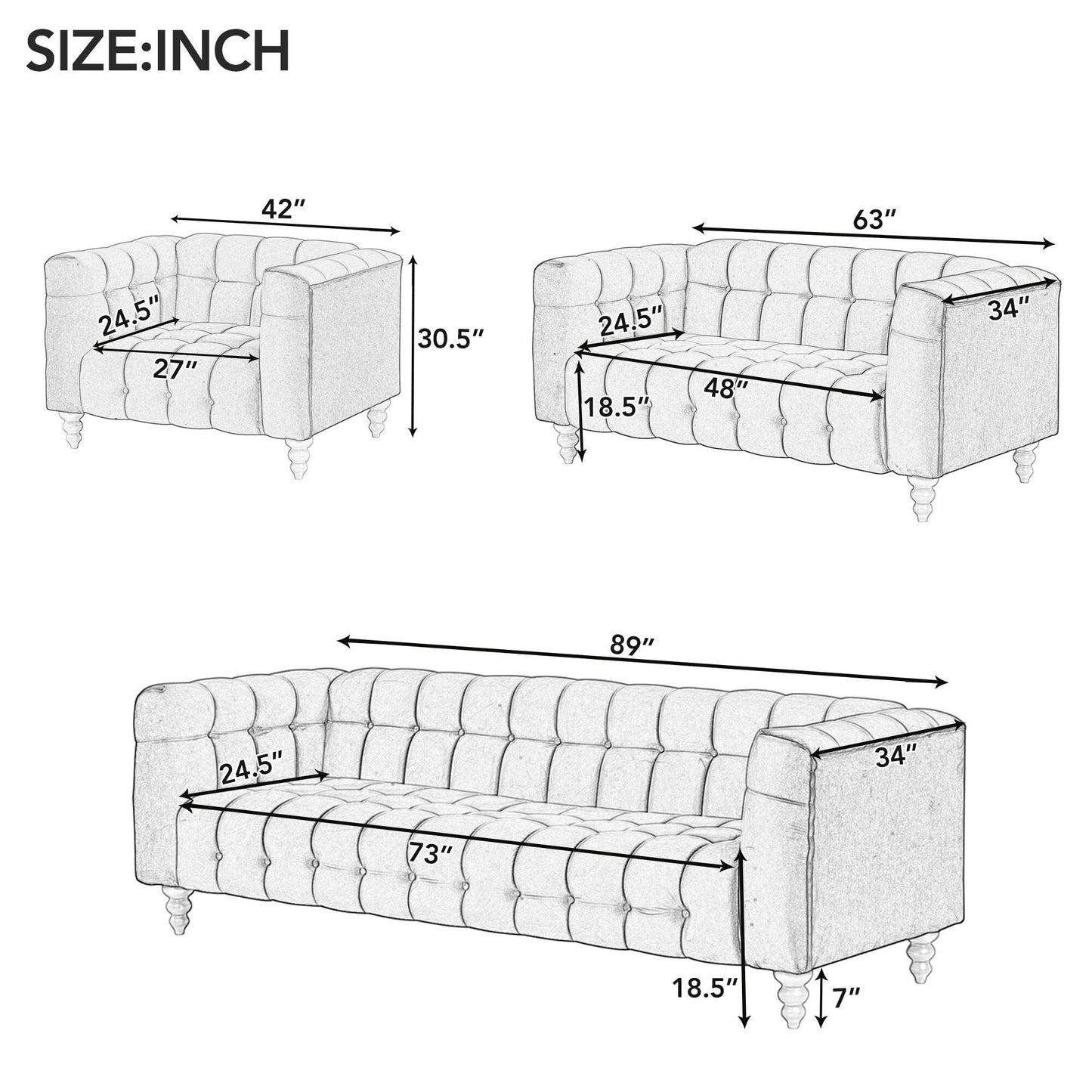 Roomfitters Modern 3-piece sofa set with solid wood legs, buttoned tufted backrest, Dutch fleece upholstered sofa set
