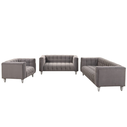 Roomfitters Modern 3-piece sofa set with solid wood legs, buttoned tufted backrest, Dutch fleece upholstered sofa set
