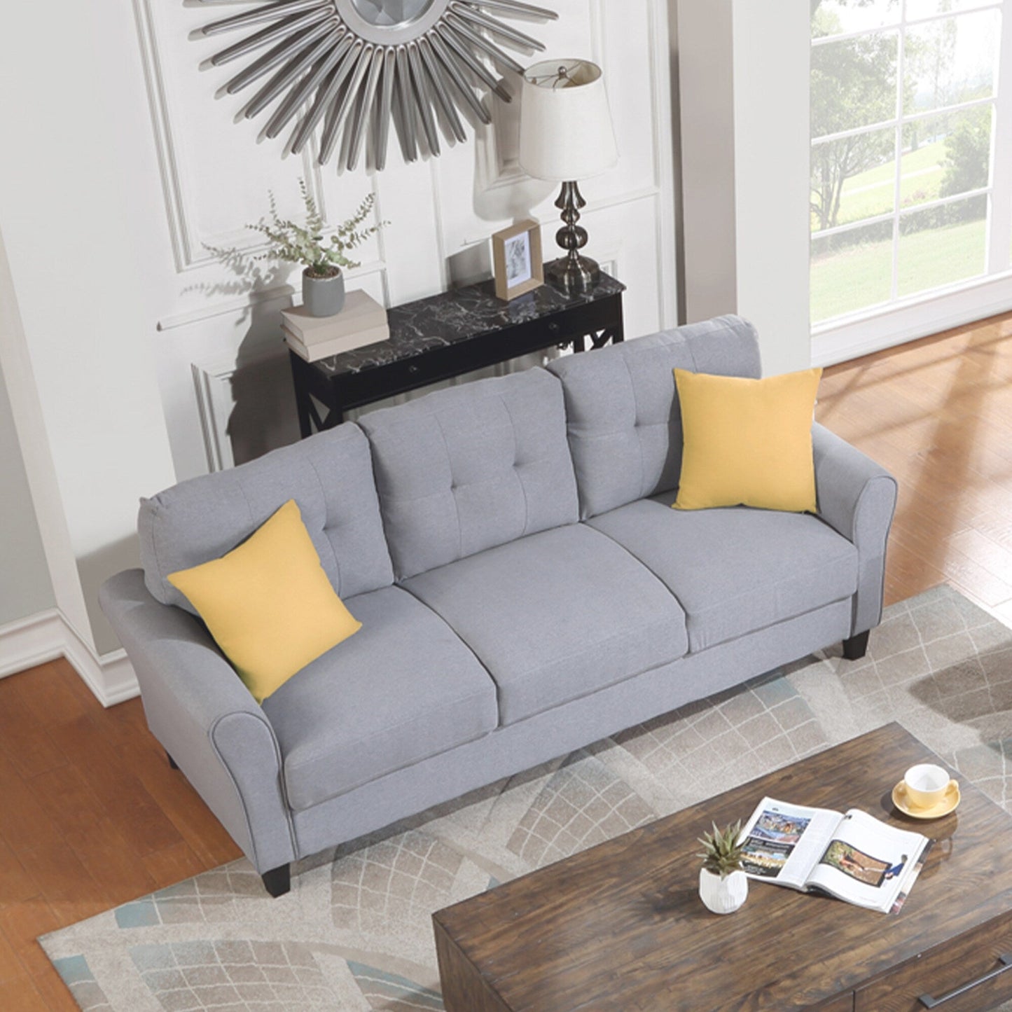 Roomfitters Modern Linen Upholstered Sofa, Stylish 3-Seat Couch for Living Room or Office Comfort