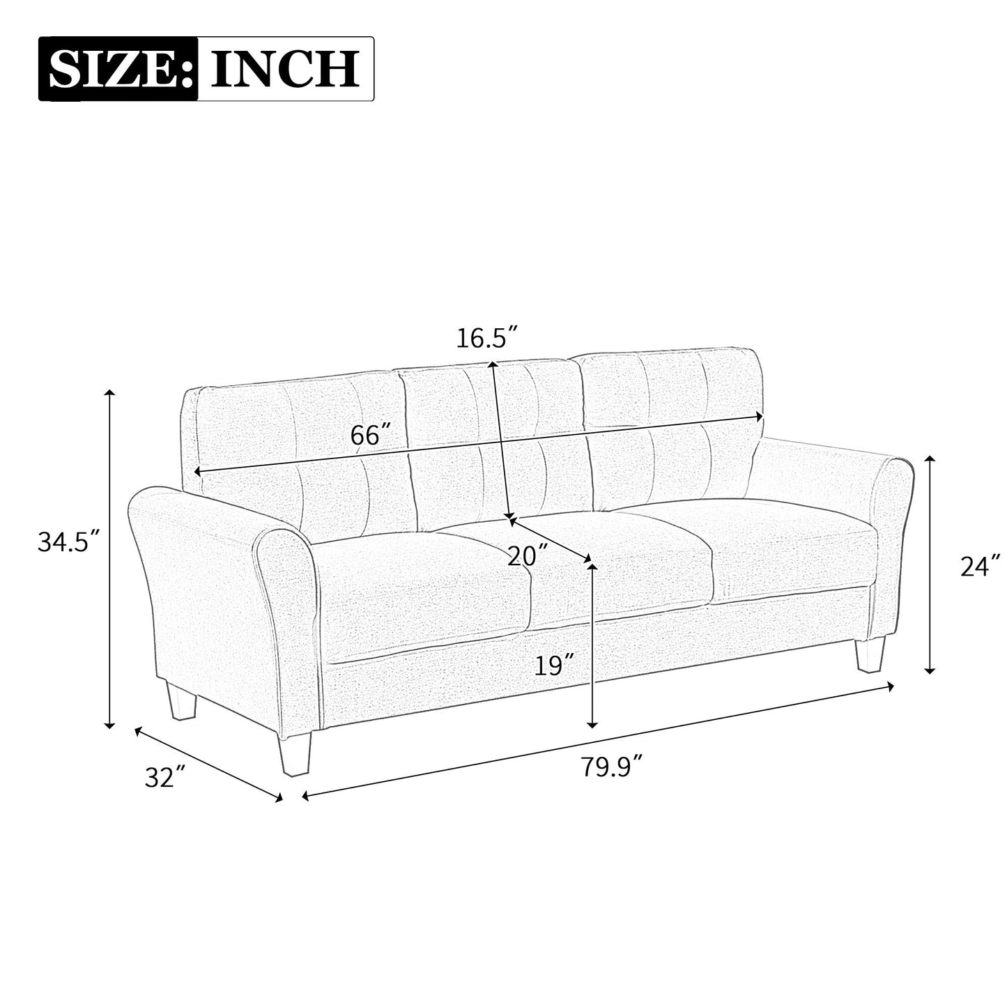 Roomfitters Modern Linen Upholstered Sofa, Stylish 3-Seat Couch for Living Room or Office Comfort