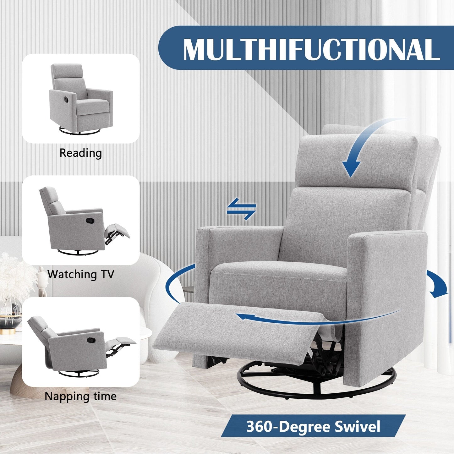 Roomfitters Modern Upholstered Rocker Nursery Chair, Plush Seating Glider Swivel Recliner Chair