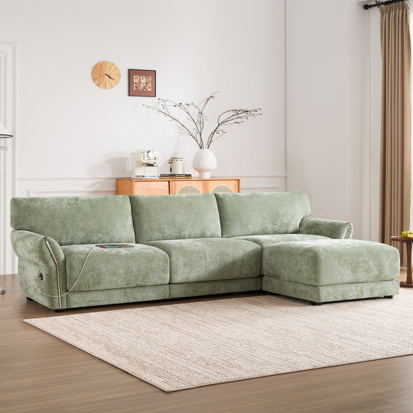 Roomfitters Modular L-Shaped Sofa with Wide Chenille Seat, USB Type-C Charger and Ottoman, Petal Arms, High Foam