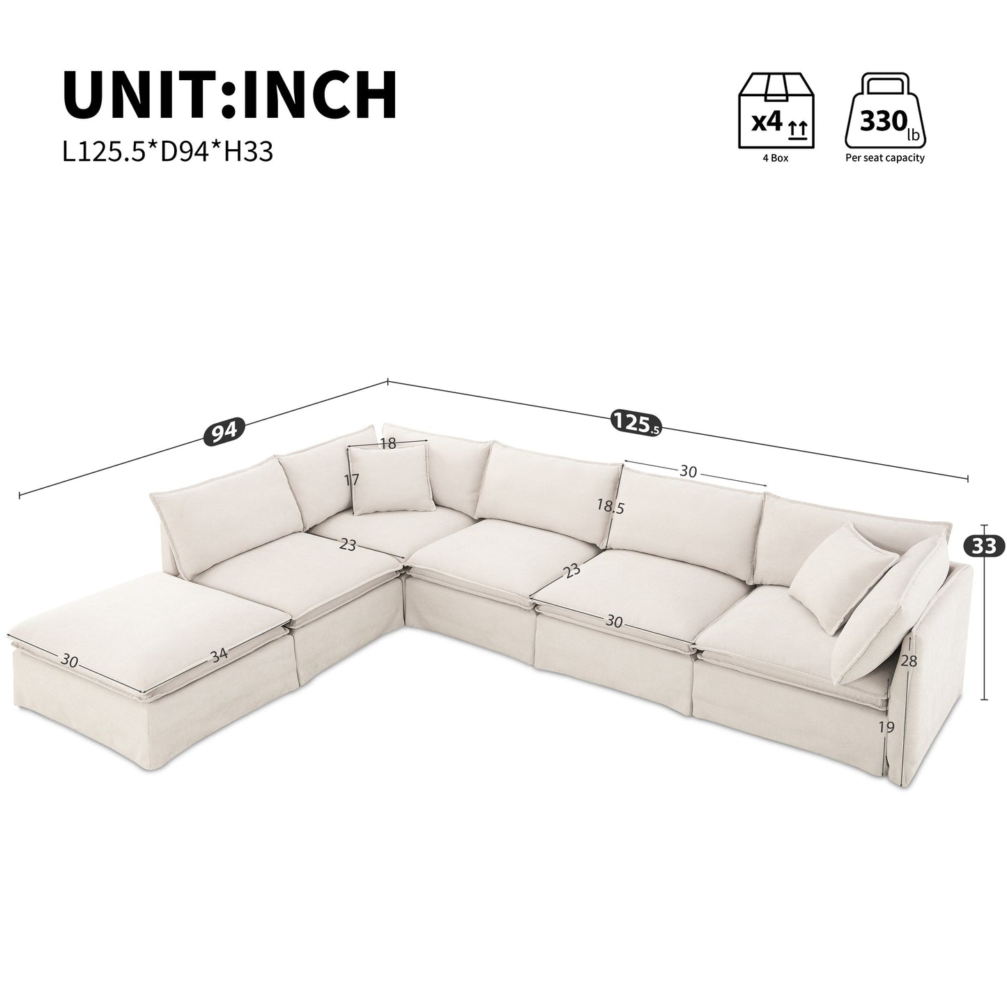 Roomfitters Modular Sectional Sofa with Movable Ottoman, Wide 6-Seat L-Shaped Chenille Couch for Living Room