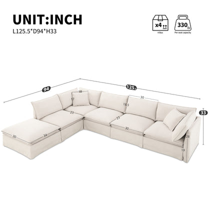 Roomfitters Modular Sectional Sofa with Movable Ottoman, Wide 6-Seat L-Shaped Chenille Couch for Living Room