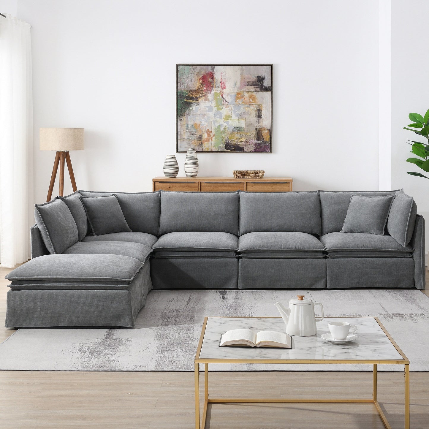 Roomfitters Modular Sectional Sofa with Movable Ottoman, Wide 6-Seat L-Shaped Chenille Couch for Living Room