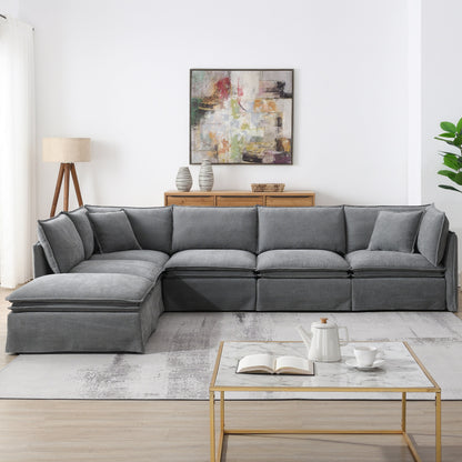 Roomfitters Modular Sectional Sofa with Movable Ottoman, Wide 6-Seat L-Shaped Chenille Couch for Living Room