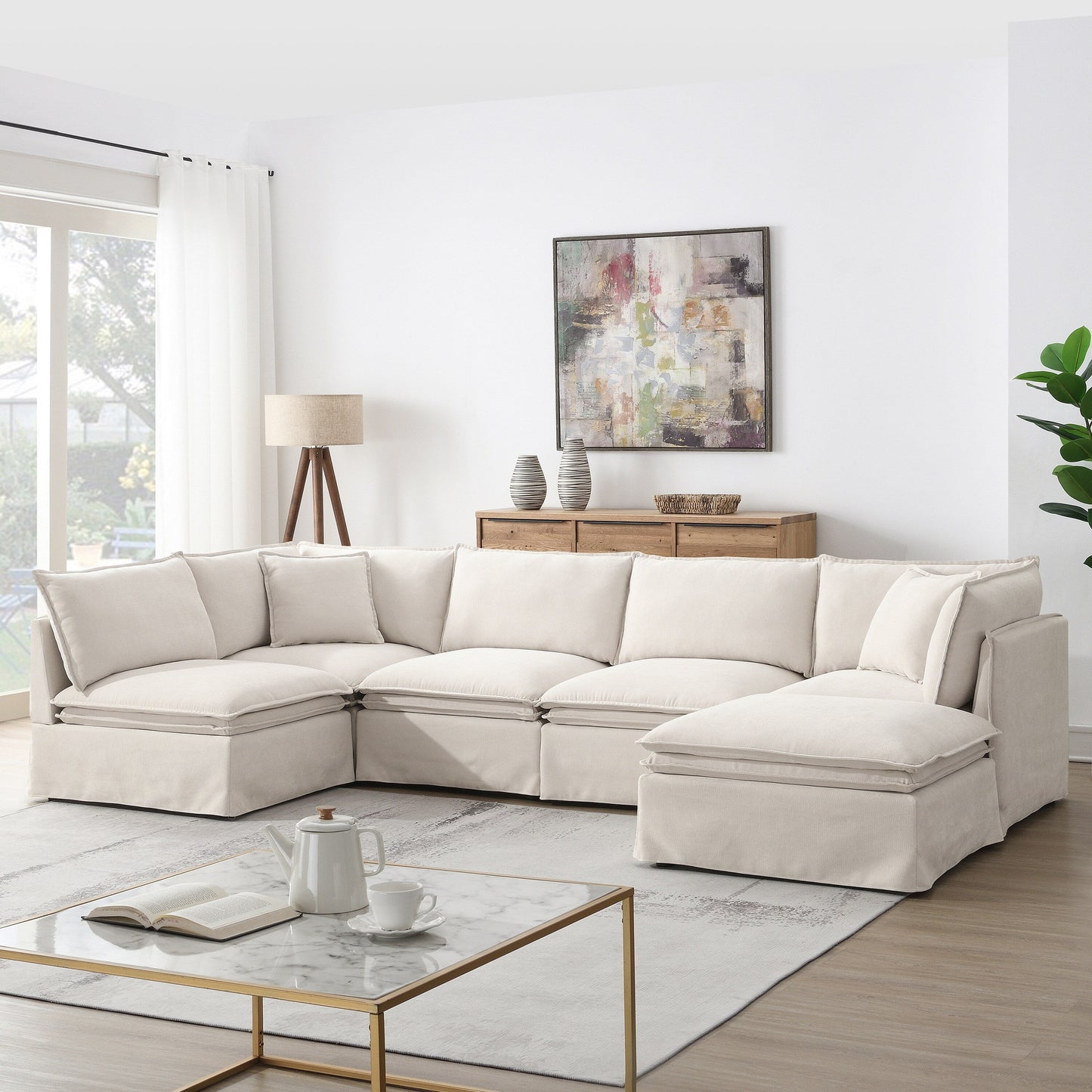 Roomfitters Modular Sectional Sofa with Movable Ottoman, Wide 6-Seat L-Shaped Chenille Couch for Living Room
