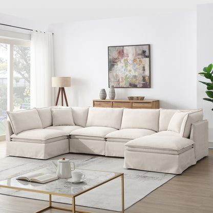 Roomfitters Modular Sectional Sofa with Movable Ottoman, Wide 6-Seat L-Shaped Chenille Couch for Living Room