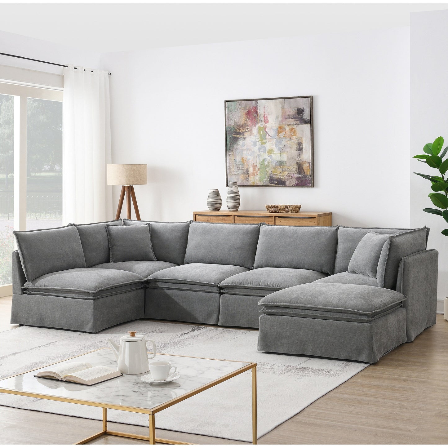 Roomfitters Modular Sectional Sofa with Movable Ottoman, Wide 6-Seat L-Shaped Chenille Couch for Living Room