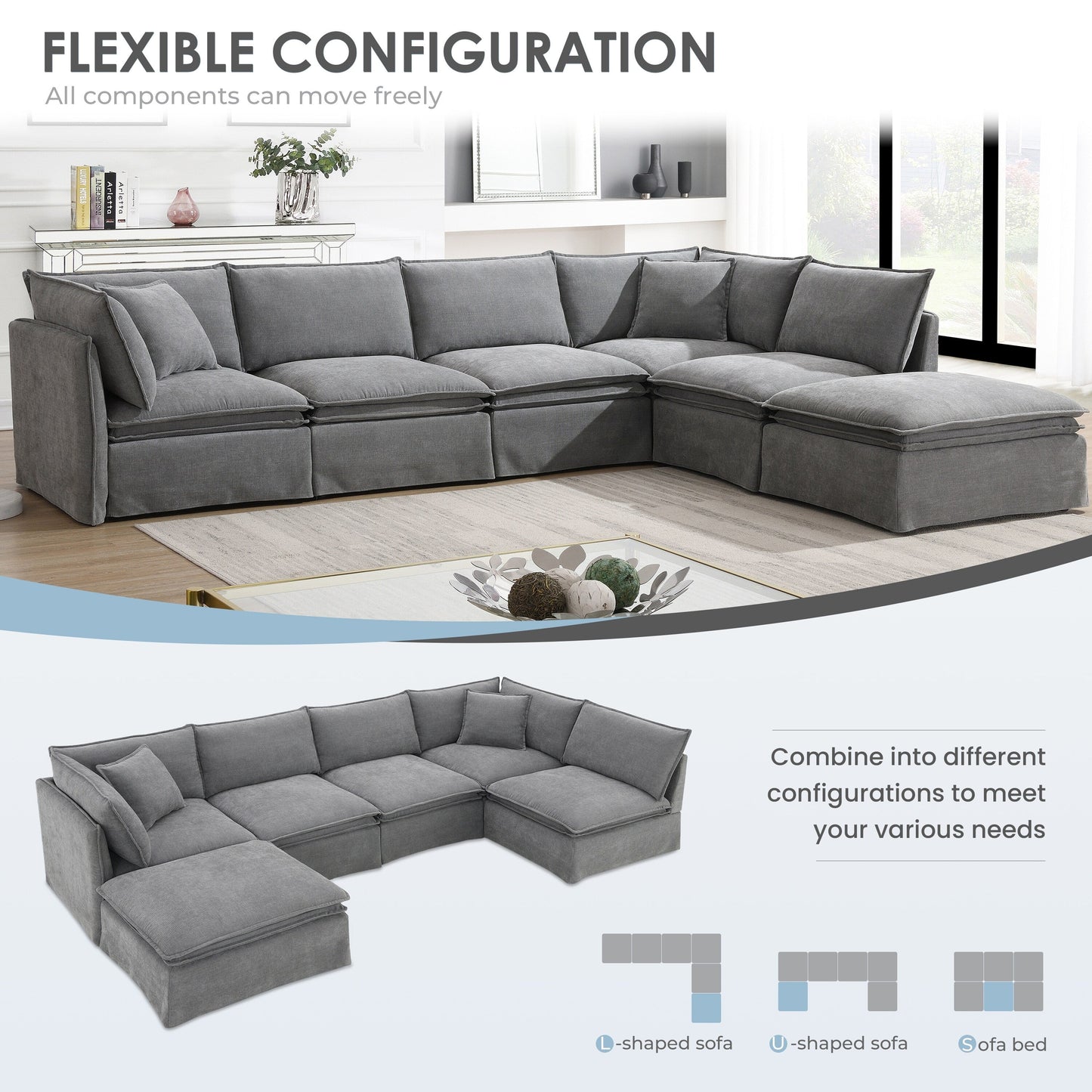 Roomfitters Modular Sectional Sofa with Movable Ottoman, Wide 6-Seat L-Shaped Chenille Couch for Living Room