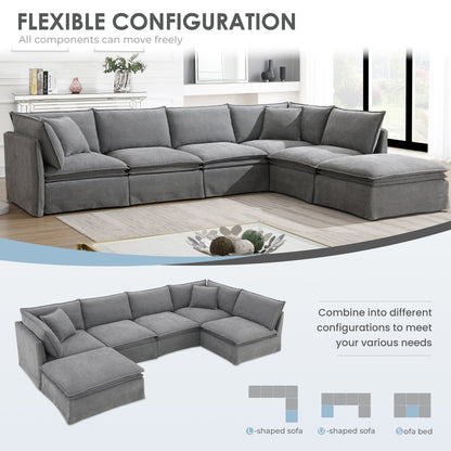 Roomfitters Modular Sectional Sofa with Movable Ottoman, Wide 6-Seat L-Shaped Chenille Couch for Living Room