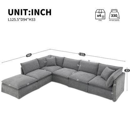 Roomfitters Modular Sectional Sofa with Movable Ottoman, Wide 6-Seat L-Shaped Chenille Couch for Living Room