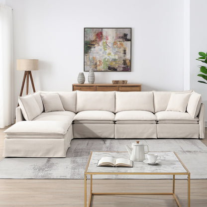 Roomfitters Modular Sectional Sofa with Movable Ottoman, Wide 6-Seat L-Shaped Chenille Couch for Living Room