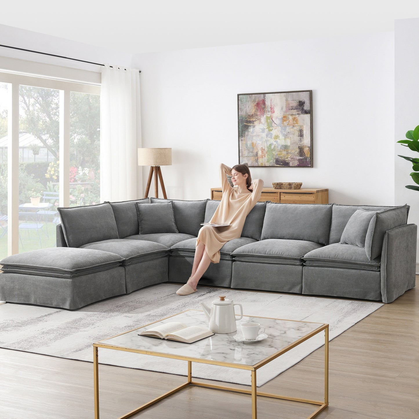 Roomfitters Modular Sectional Sofa with Movable Ottoman, Wide 6-Seat L-Shaped Chenille Couch for Living Room