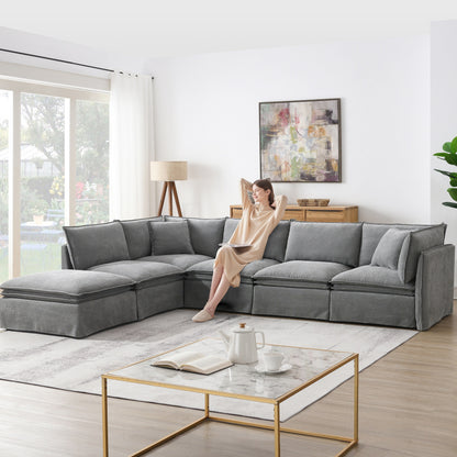 Roomfitters Modular Sectional Sofa with Movable Ottoman, Wide 6-Seat L-Shaped Chenille Couch for Living Room