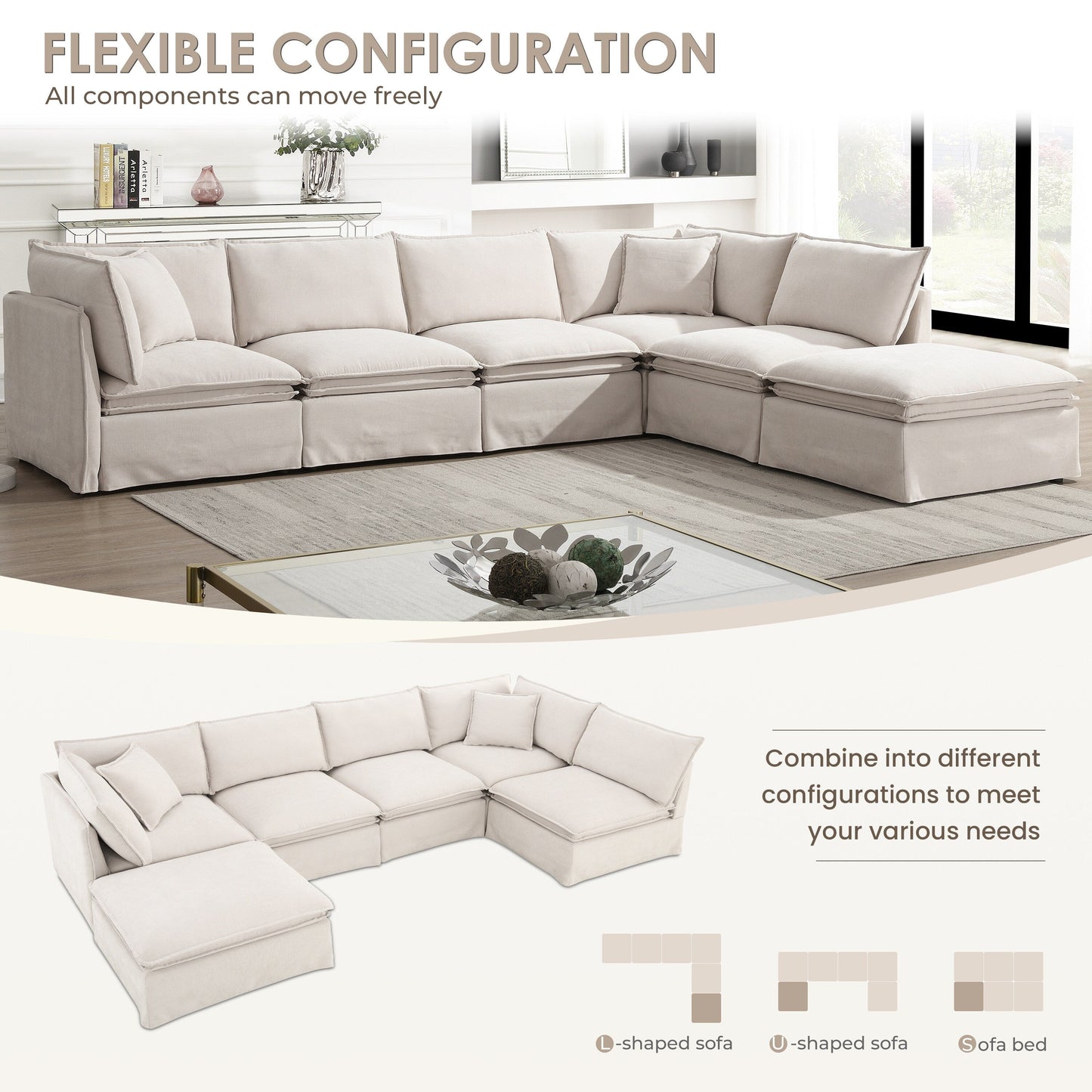 Roomfitters Modular Sectional Sofa with Movable Ottoman, Wide 6-Seat L-Shaped Chenille Couch for Living Room