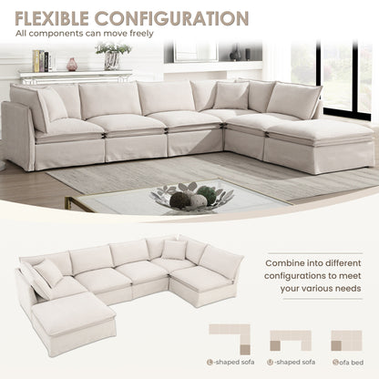 Roomfitters Modular Sectional Sofa with Movable Ottoman, Wide 6-Seat L-Shaped Chenille Couch for Living Room