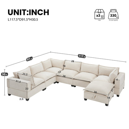 Roomfitters Modular U-Shaped Chenille Sofa with Storage Ottoman, Free Layout 7-Seat Oversized Couch for Living Room