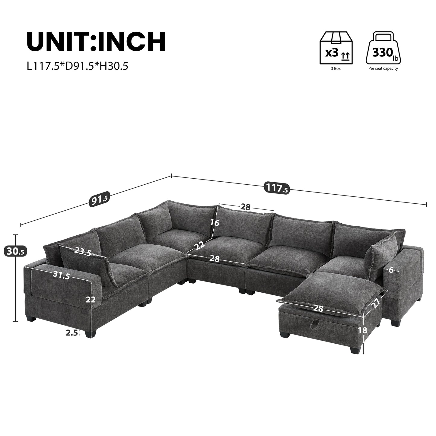 Roomfitters Modular U-Shaped Chenille Sofa with Storage Ottoman, Free Layout 7-Seat Oversized Couch for Living Room