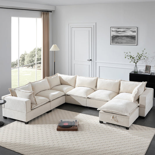 Roomfitters Modular U-Shaped Chenille Sofa with Storage Ottoman, Free Layout 7-Seat Oversized Couch for Living Room