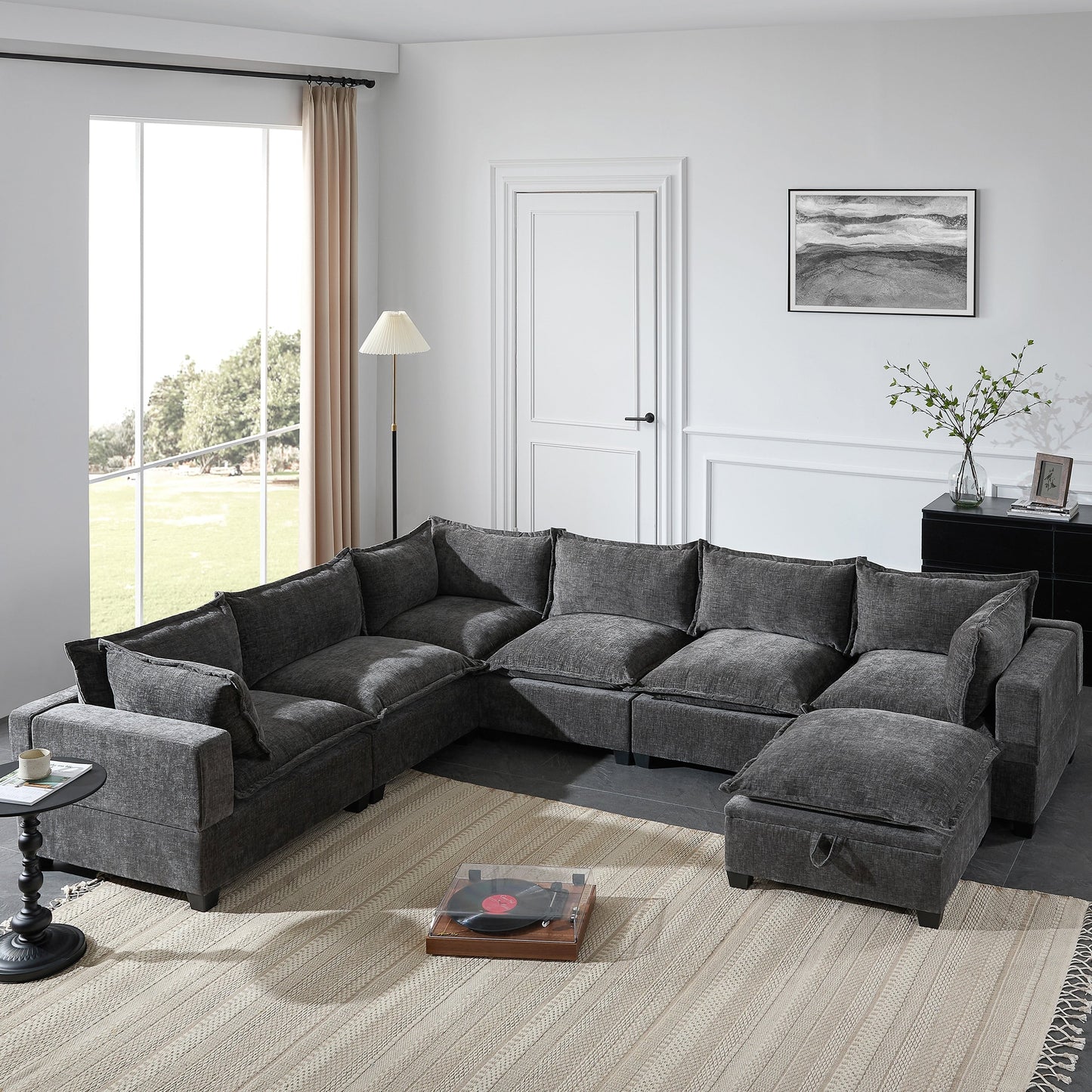 Roomfitters Modular U-Shaped Chenille Sofa with Storage Ottoman, Free Layout 7-Seat Oversized Couch for Living Room