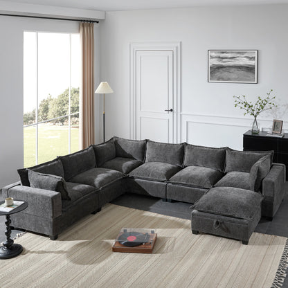 Roomfitters Modular U-Shaped Chenille Sofa with Storage Ottoman, Free Layout 7-Seat Oversized Couch for Living Room